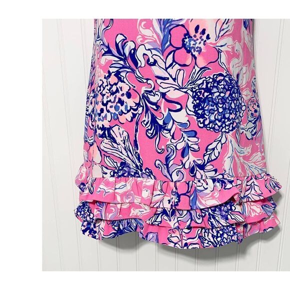 Lilly Pulitzer Marla Romper Sun Drenched Pink Tropics Ruffle Hem Crepe Size 00 - Picture 4 of 13